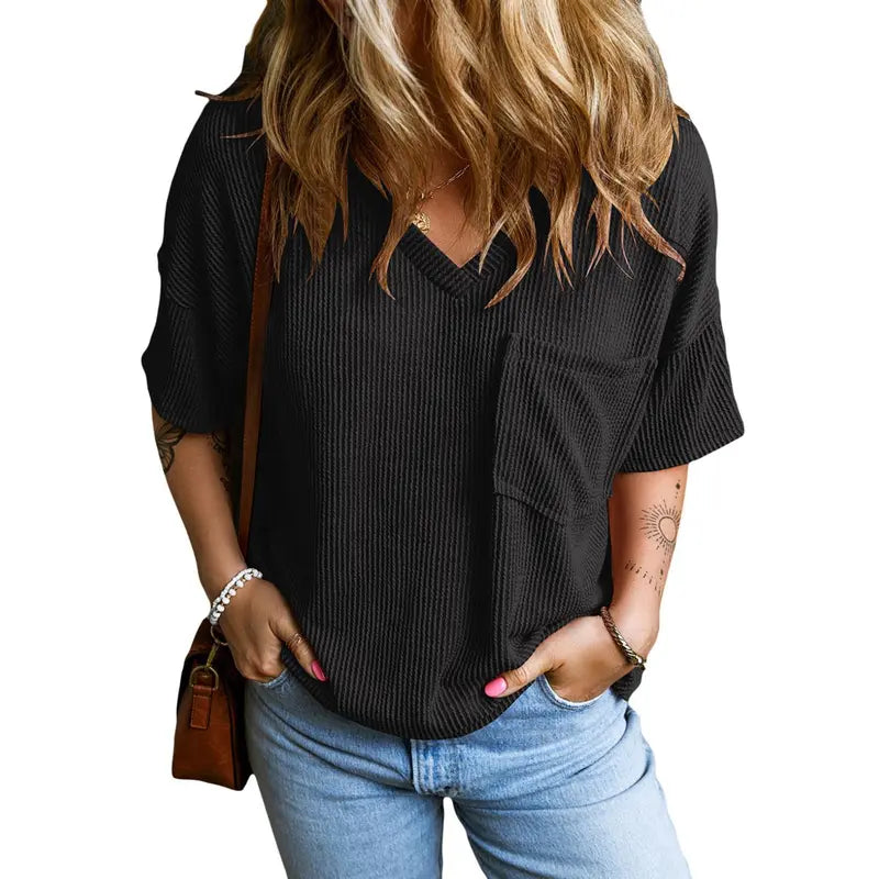 Women's Oversized Ribbed Knit Summer T-Shirt V Neck Short Sleeve Casual Loose Fit Tee with Pocket