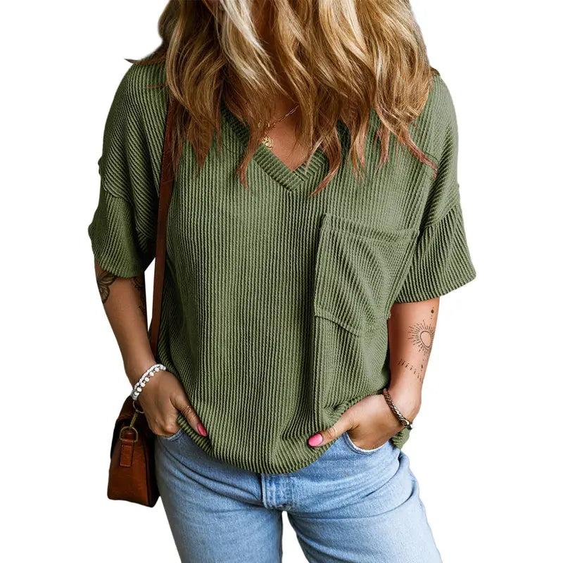Women's Oversized Ribbed Knit Summer T-Shirt V Neck Short Sleeve Casual Loose Fit Tee with Pocket