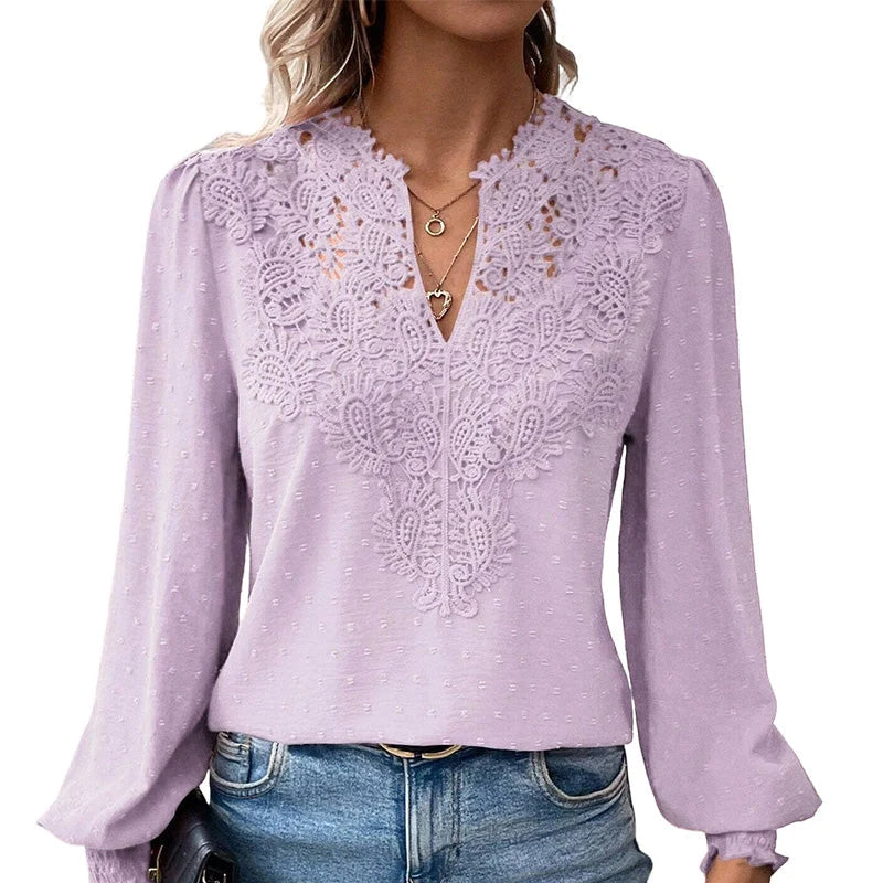 Women's Lace V-Neck Long Sleeve Top – Slim Fit | Elegant & Alluring
