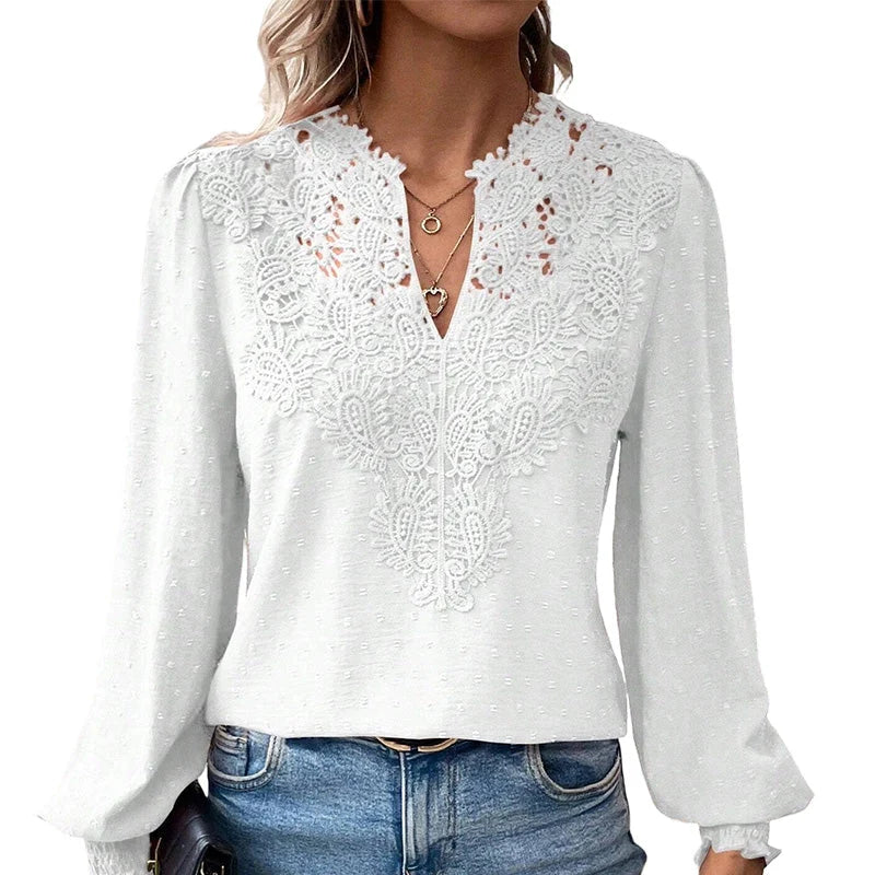 Women's Lace V-Neck Long Sleeve Top – Slim Fit | Elegant & Alluring