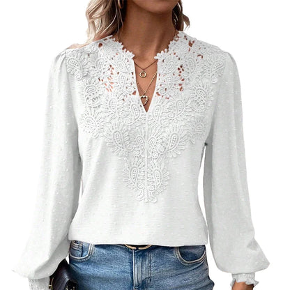 Women's Lace V-Neck Long Sleeve Top – Slim Fit | Elegant & Alluring