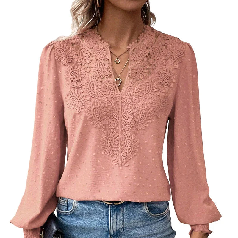 Women's Lace V-Neck Long Sleeve Top – Slim Fit | Elegant & Alluring