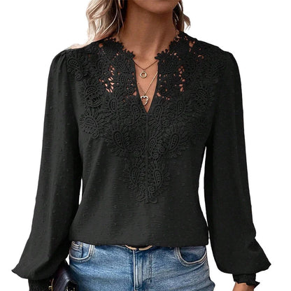 Women's Lace V-Neck Long Sleeve Top – Slim Fit | Elegant & Alluring